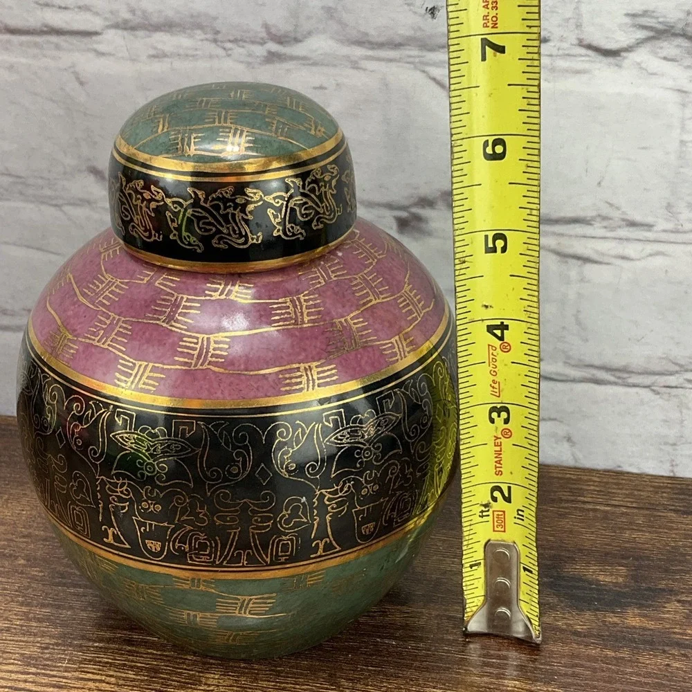 Vintage Chinese Ginger Jar Black Green And Pink Elaborate Gold Design Dragon